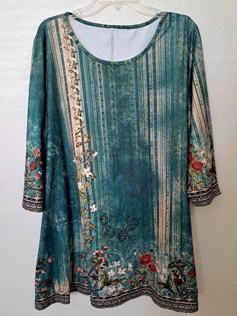 Teal Floral-Trim Women's Tunic Top